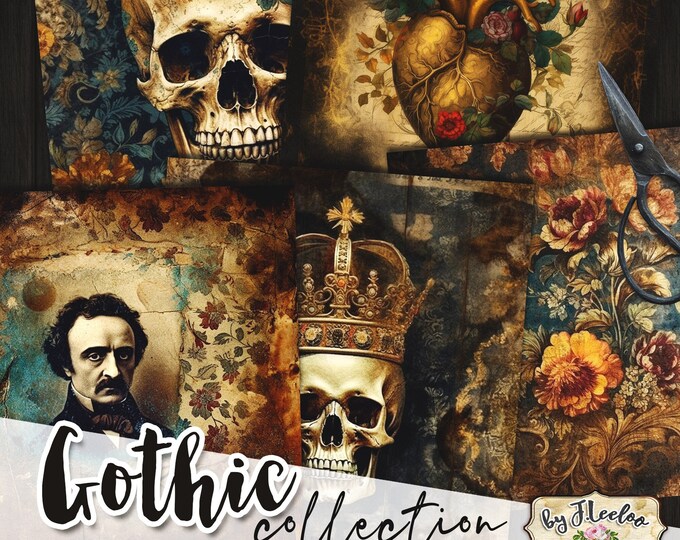 GOTHIC 8x8 printable halloween | 24 printable scary dirty paper | card making junk journal supplies | Tattered card journaling art | qu555