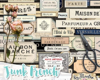 May include: A digital collage of vintage French-inspired labels and graphics. The collage features images of roses, scissors, and text in French, including "Maison de Parfum" and "L'Hotel de Ville Versailles".