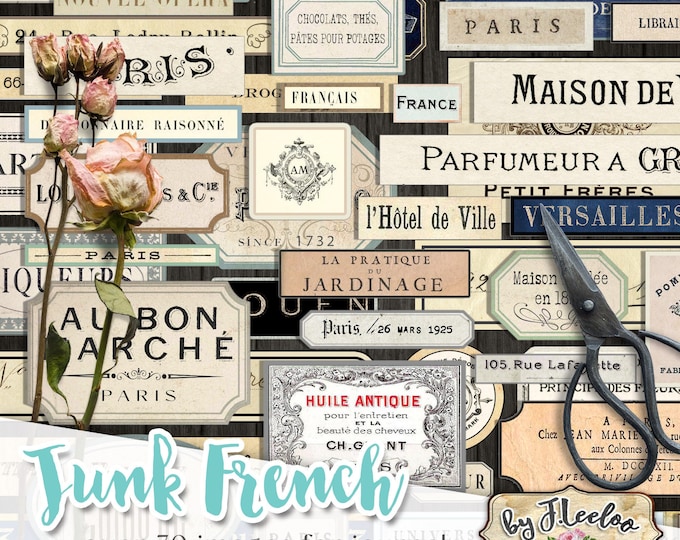 JUNK FRENCH Journal labels kit printable vintage ephemera journal supplies paper crafts tags instant download digital collage sheet pp565