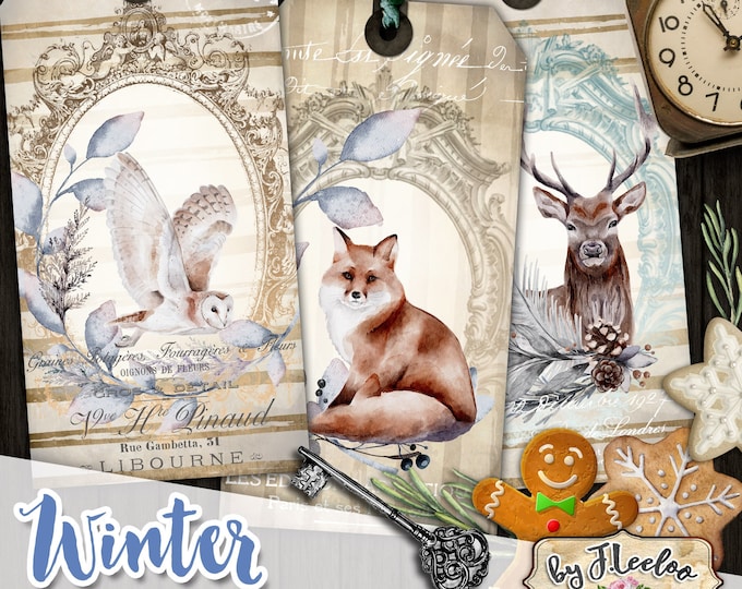 WINTER tags for holidays gift junk journal diary crafting vintage Christmas romantic fox deer owl printable instant download tl229