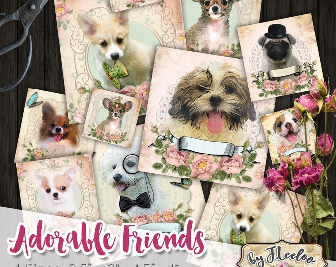 ADORABLE FRIENDS 2.5 | 2 | 1.5 | 1 inch square Digital hang tag dogs bezel trays images pendant magnet instant download printable qu485