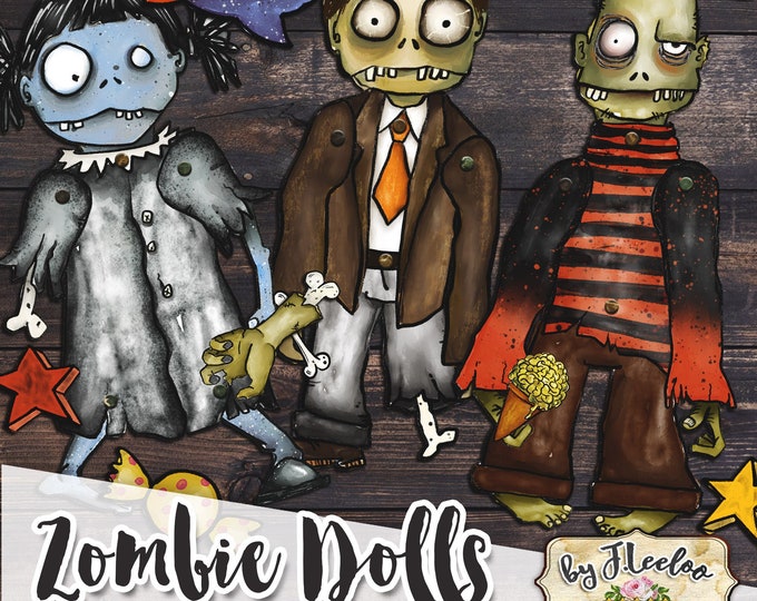 ZOMBIE DOLLS halloween hand drawn paper doll scary digital altered art Digital collage sheet journal page scrapbook printable pp558
