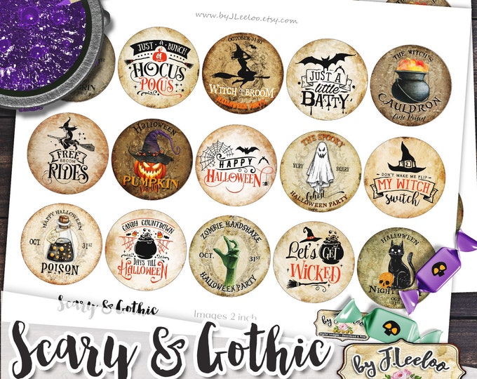 SCARY & GOTHIC 2 inch digital Halloween printable vintage dirty images for topping coasters scrapbooking diary journal grunge ephemera tn620