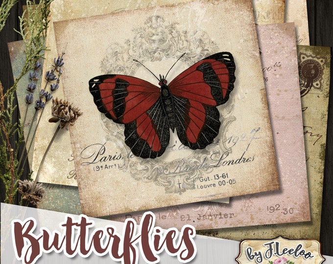 BUTTERFLIES 4x4 inch digital printable vintage images for coasters scrapbooking diary french grunge ephemera qu539