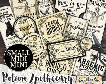 APOTHECARY MINI POTION set .5&quot; .75&quot; 1&quot; printable Halloween bottle jar labels instant download images digital collage sheet tl241
