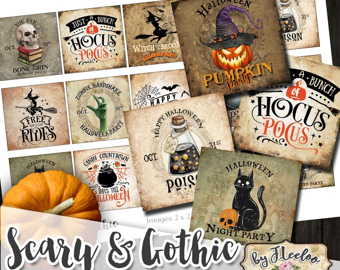 SCARY & GOTHIC 2x2 inch digital Halloween printable invitation vintage images for coasters scrapbooking diary grunge ephemera qu541