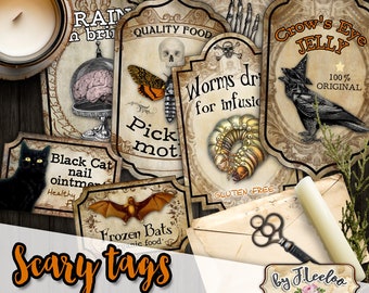 SCARY TAGS Halloween labels Potion apothecary printable bottle jar Junk Journal Invitation Party digital collage sheet tl227