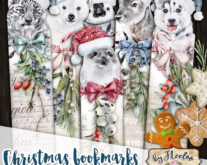 CHRISTMAS BOOKMARK printable baby animals images instant download Digital collage sheet background paper - bm110