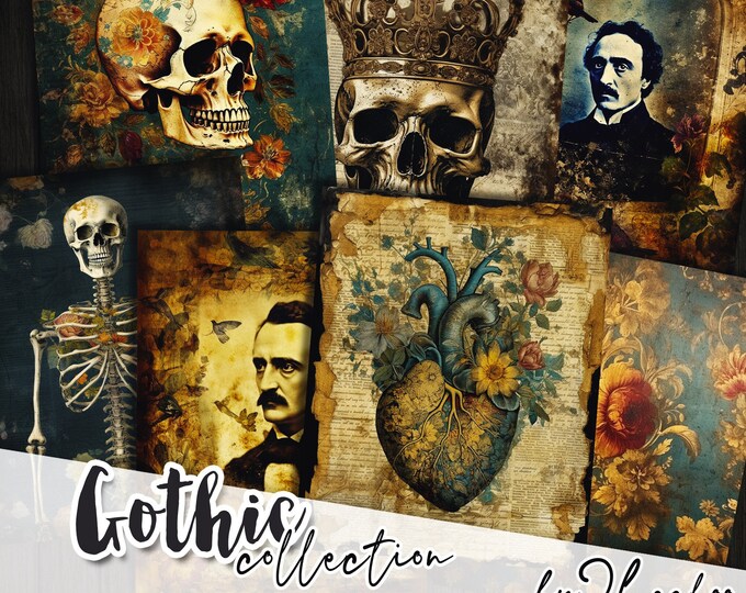 GOTHIC 8x10 printable halloween | 24 printable scary dirty paper | card making junk journal supplies | Tattered card journaling art | pp626