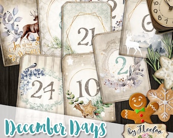 DECEMBER DAYS tags printable vintage Christmas calendar daily countdown ephemera scrapbook download gift Santa instant download tl228