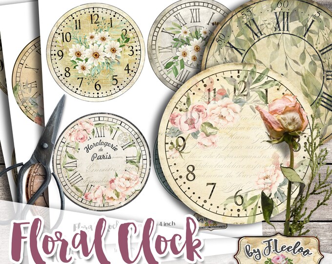 FLORAL CLOCK 4 inch circle without handles PNG for coaster diary journal scrapbooking instant download printable | tn616