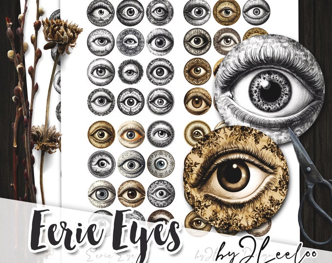 EERIE EYES 1 inch circle | Gothic Halloween supplies invitations glass pendant scrapbook magnets | Junk journal | tn656