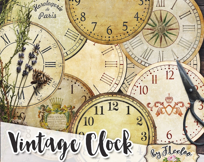 VINTAGE CLOCK 4 inch circle printable clock faces grunge dirty antique for pendant magnet and craft instant download diy tn637