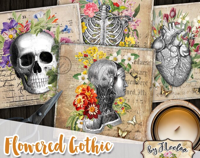 FLOWERED GOTHIC cards 4x4 inch victorian Halloween anatomy table Digital collage sheet coaster sticker hang tags instant download qu535