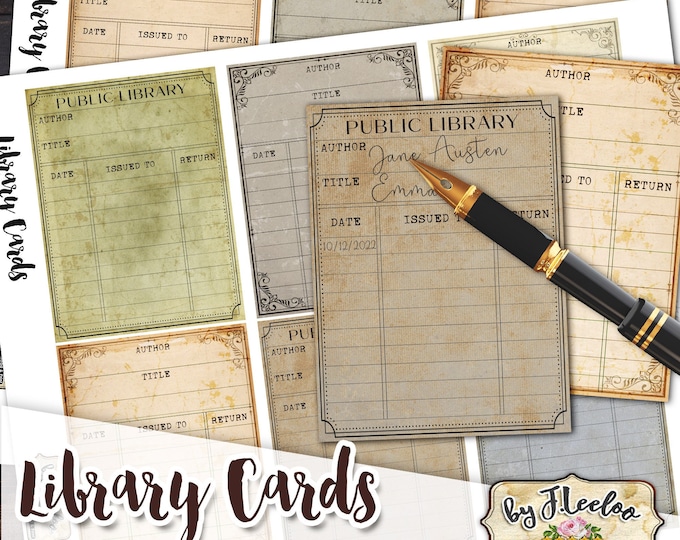 LIBRARY CARDS vintage diary art for scrapbook junk journal ATC neutral steampunk postcard ephemera digital download pp564