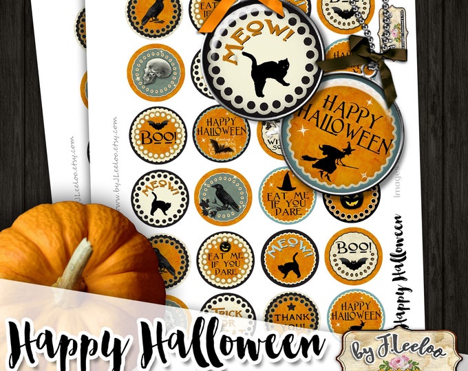 HAPPY HALLOWEEN Digital party spooky Download printable images for glass or resin pendants magnets bottle caps bezel trays cabochon tn623