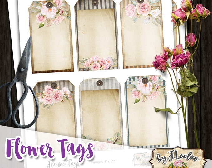 FLOWER TAGS digital shabby chic jewelry holder french paper goods roses for craft art Digital collage instant download printable tl226