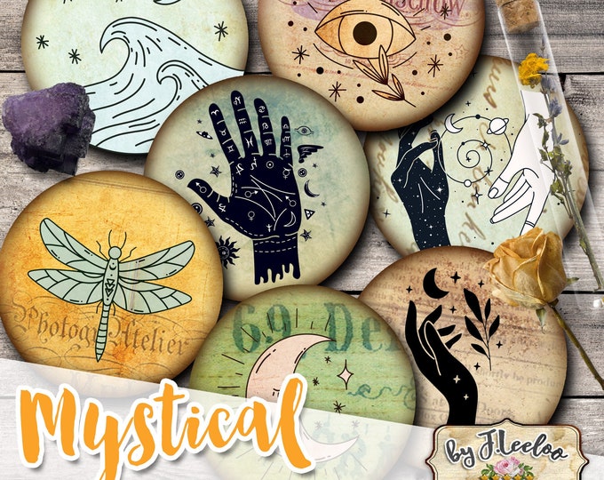 MYSTICAL 2.5 inch circle celestial sacred printable bottle caps stickers for pendants magnets coaster graphic digital collage sheet tn613