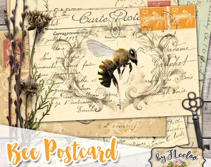 BEE POSTCARD junk journal ephemera scrapbooking paper crafting old notebook collage sheet printable paper | pp540