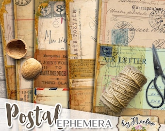 May include: Five digital paper designs featuring vintage postal ephemera. The papers feature a variety of textures, colors, and designs, including stamps, envelopes, and handwritten notes. The papers are 11 inches by 8.5 inches.