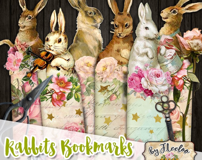 RABBIT BOOKMARK printable bunnies vintage images instant download Digital collage sheet background paper victorian- bm119