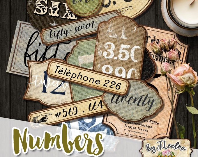 NUMBERS tag and labels printable vintage ephemera junk journal instant download printable images digital collage sheet pp554