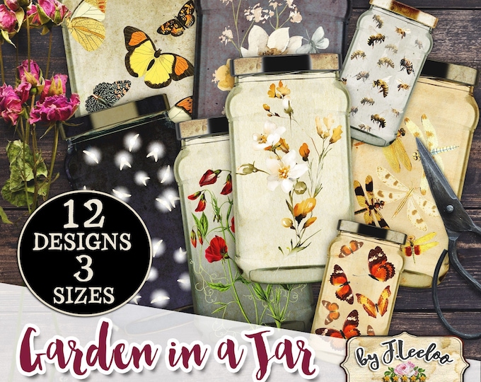 GARDEN IN A JAR printable botanical Mason jar ephemera fussy cut digital supplies tag vintage junk journal kit - cl134