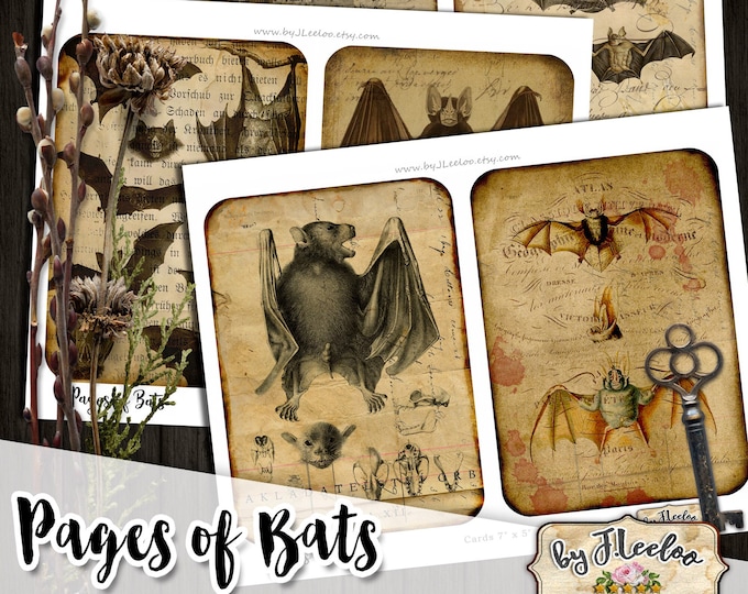 PAGES of BATS cards 5x7 inch gothic steampunk junk journal craft art diary scrapbook Digital collage sheet instant download printable pp526