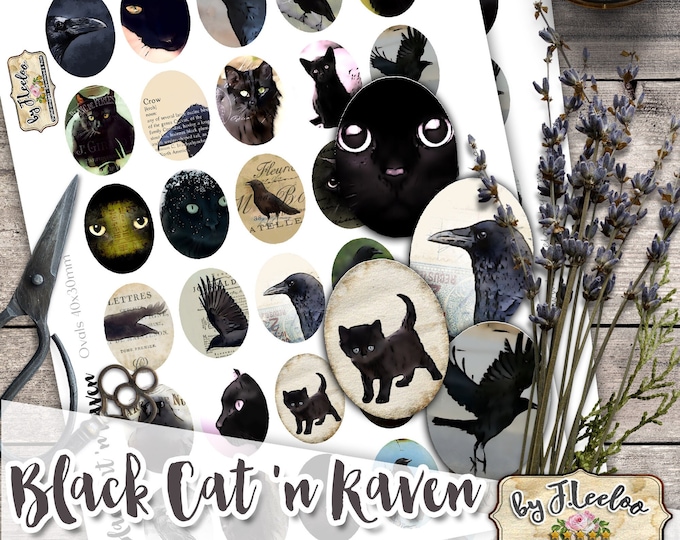 BLACK CAT 'N RAVEN 30x40mm oval for gothic halloween mystical pendant cabochon instant download Digital collage sheet ov142