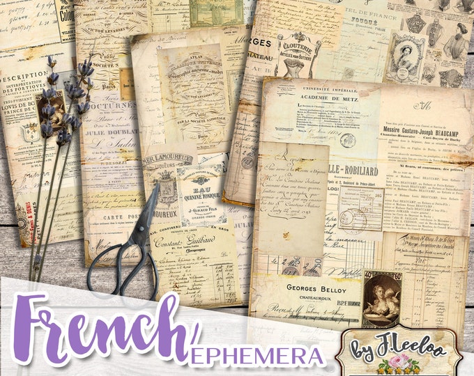 FRENCH EPHEMERA Digital Vintage Grunge Ephemera Printable Antique Junk Journal for Scrapbook Notebook Collage Sheet Download pp551