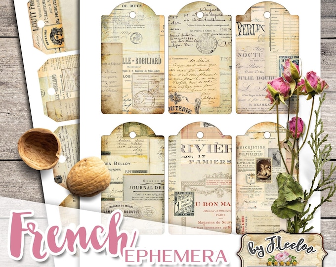 FRENCH EPHEMERA tags label Vintage Grunge Journal - Printable postcard antique document Collage Sheet instant download tl234