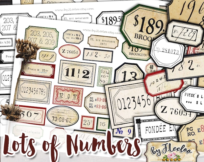 LOTS OF NUMBERS labels kit printable vintage ephemera junk journal instant download printable images digital collage sheet tl236