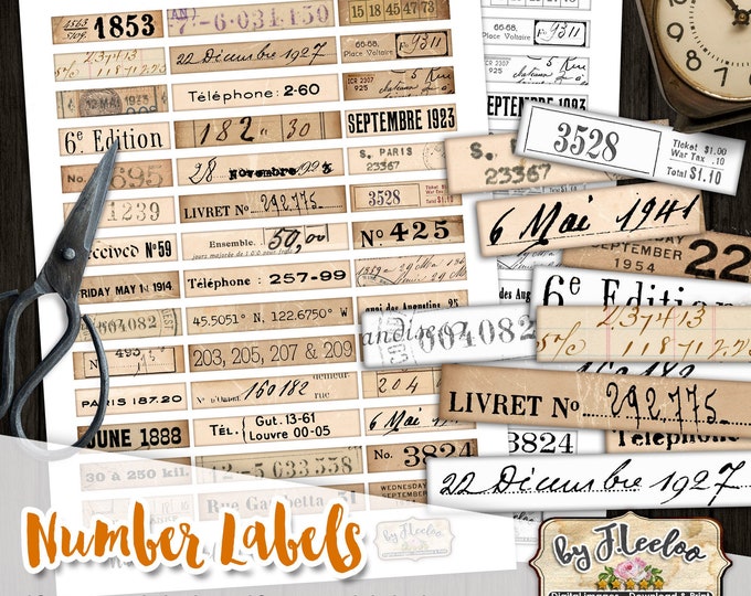 NUMBER LABELS printable vintage ephemera junk journal instant download printable images digital collage sheet pp520