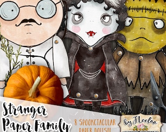 STRANGER PAPER FAMILY Halloween Paper Dolls hand drawn watercolor scary altered art Digital paper dolls printable pp531