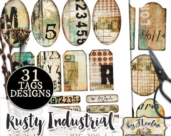 RUSTY INDUSTRIAL tags printable steampunk vintage ephemera junk journal masculine images digital collage sheet tl250