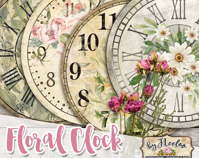 FLORAL CLOCK 8 inch circle printable clock face jpeg clipart vintage home decor diy paper crafting download digital collage tn615