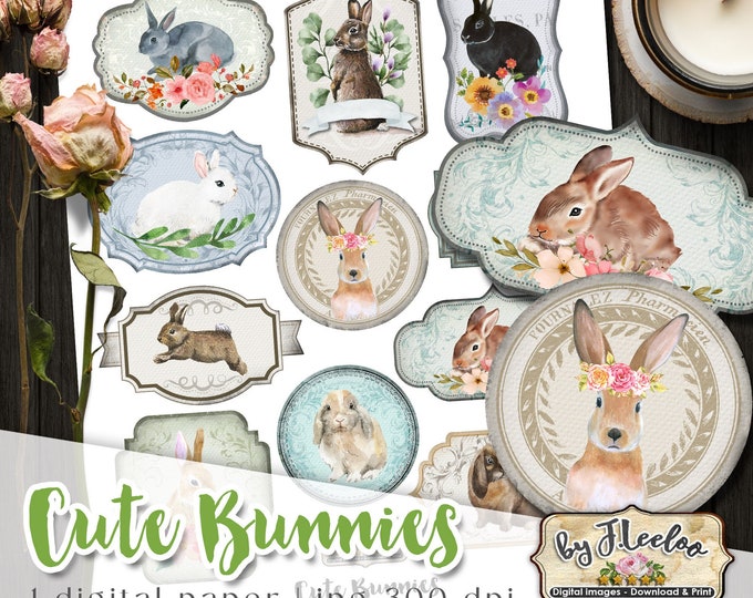 CUTE BUNNIES easter labels digital shabby chic jewelry holder roses paper goods for craft art Digital collage printable tl251