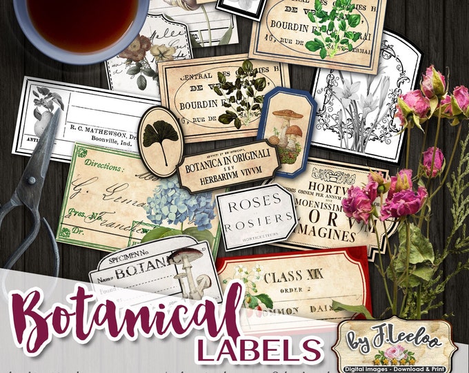 BOTANICAL etichette kit stampabile vintage ephemera junk journal download istantaneo immagini stampabili collage digitale foglio tl237
