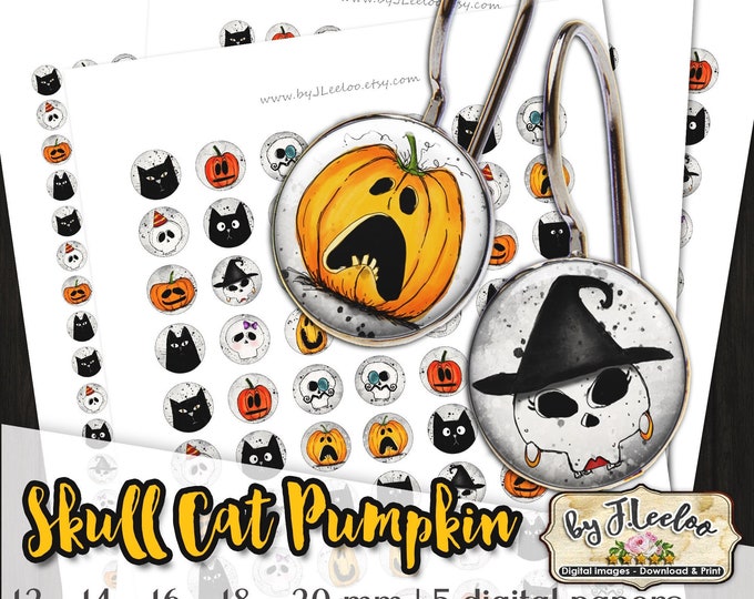 SKULL CAT PUMPKIN 12mm 14mm 16mm 18mm 20mm circle Halloween earring ring - scary pumpkin black cat ghotic jewelry - tn622