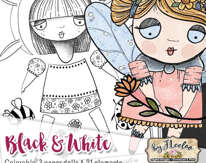 BLACK and WHITE Paper Dolls Coloring Articulated altered art Easter digital collage sheet for journal page scrapbook diary art pp535