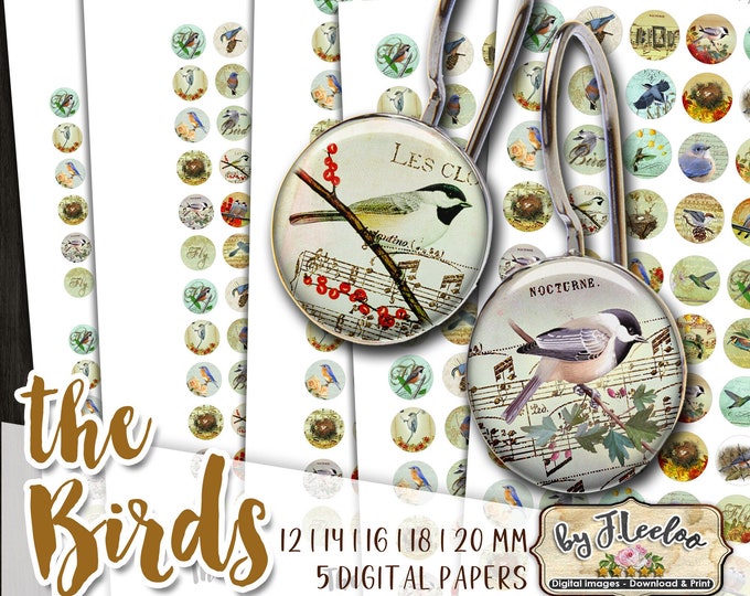 THE BIRDS digital papers printable 12 14 16 18 20 mm circle sheet earring ring size nature digital images for jewelry instant download tn634