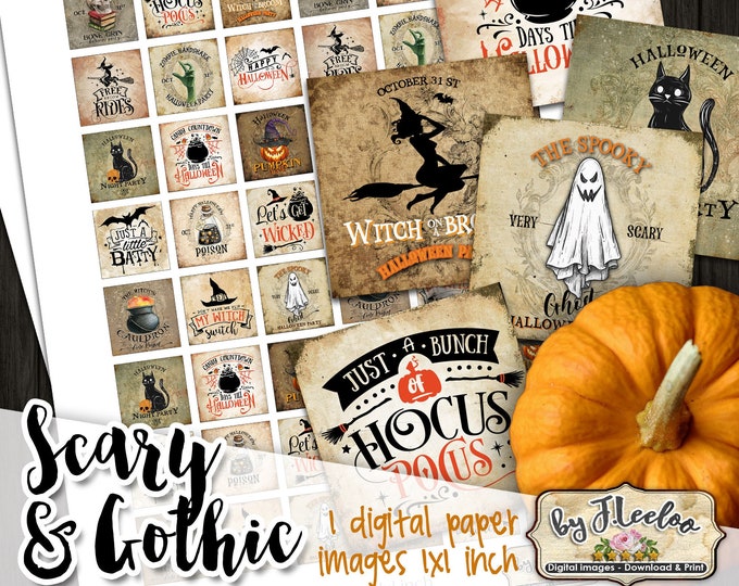 SCARY & GOTHIC 1x1 inch digital Halloween printable vintage images for pendant jewelry scrapbooking diary grunge ephemera qu542