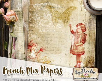 FRENCH MIX PAPERS digital shabby journal book Paris flower collage sheet distressed scrapbooking instant download printable diary pp519