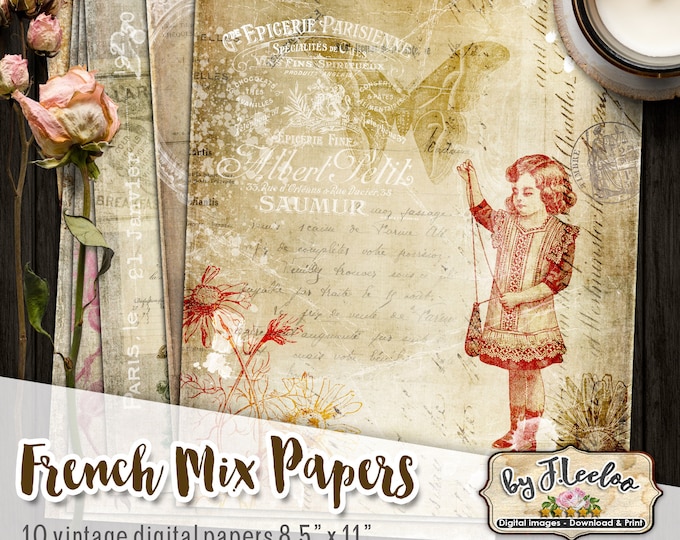 FRENCH MIX PAPERS digital shabby journal book Paris flower collage sheet distressed scrapbooking instant download printable diary pp519