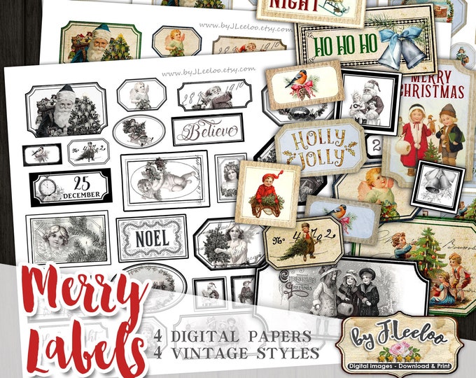 MERRY LABELS christmas kit printable vintage ephemera junk journal instant download printable images digital collage sheet tl247