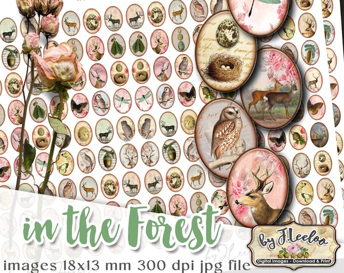 IN THE FOREST 18x13 mm oval dragonfly deer owl eggs nest romantic for magnet jewellery pendant instant download ov145