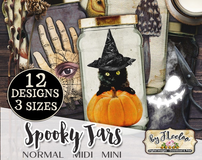 SPOOKY JARS stampabile Halloween Mason Jar effimera fornisce tag spazzatura journal vintage party santificato gotico-cl133