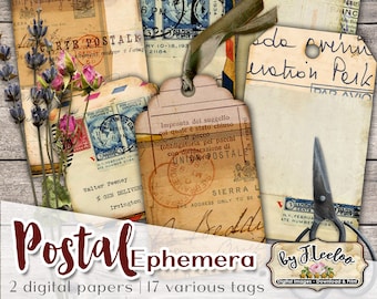 POSTAL EPHEMERA tags label Vintage Grunge Journal - Printable postcard antique document Collage Sheet instant download tl232