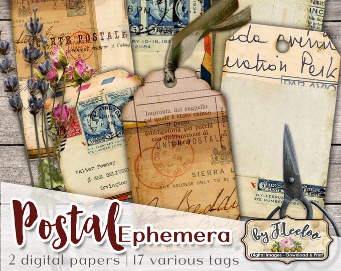Etichette POSTALI EPHEMERA etichetta Vintage Grunge Journal - Cartolina stampabile documento antico Collage Sheet download immediato tl232
