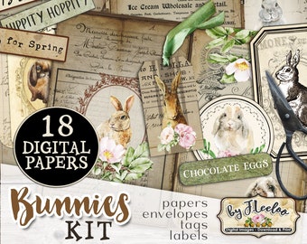 Bunnies junk journal Easter shabby chic French Digital download Peter rabbit scrap ephemera printable pp567